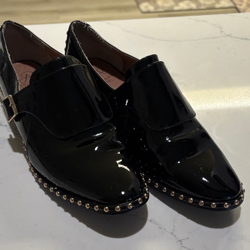 Adrianna Papell Black Patent Loafers with Gold Studs - Picture 2 of 9